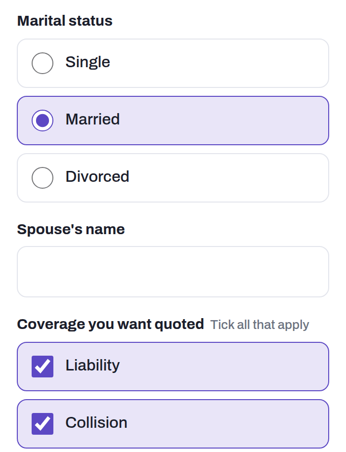 The signer's form on a phone: Marital status with Married chosen, a Spouse's name question that appeared because of it, and Coverage you want quoted with Liability and Collision ticked