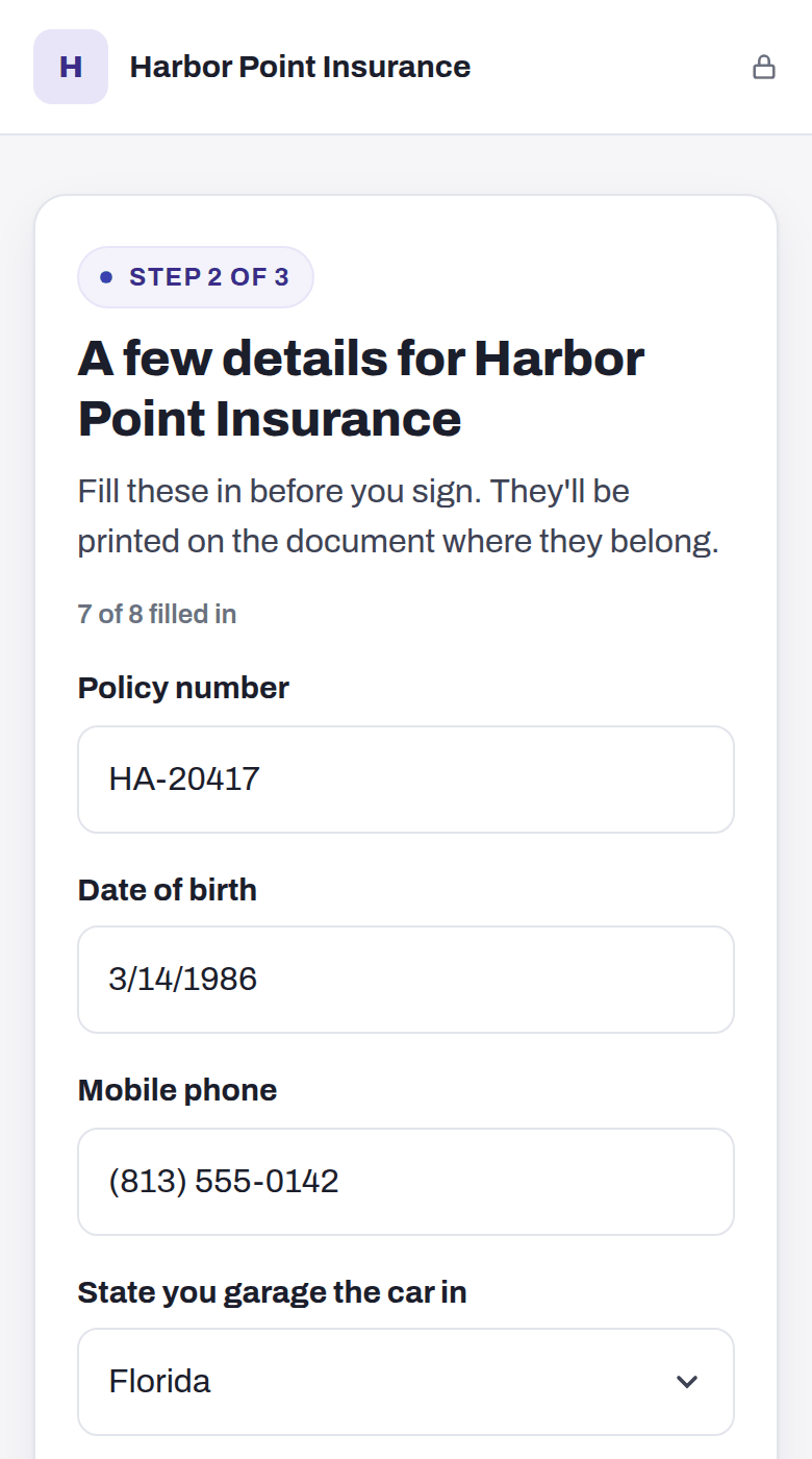 The signer's phone: A few details for Harbor Point Insurance, step 2 of 3, with policy number HA-20417, date of birth 3/14/1986, mobile phone (813) 555-0142 and a State dropdown set to Florida