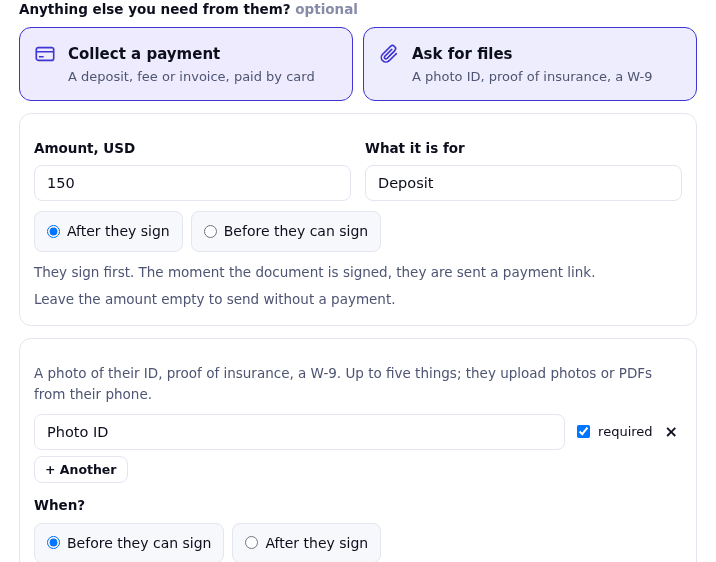 The studio's send dialog: under Anything else you need from them, two cards, Collect a payment and Ask for files, both open, with an amount, a Photo ID request and a choice of before or after signing