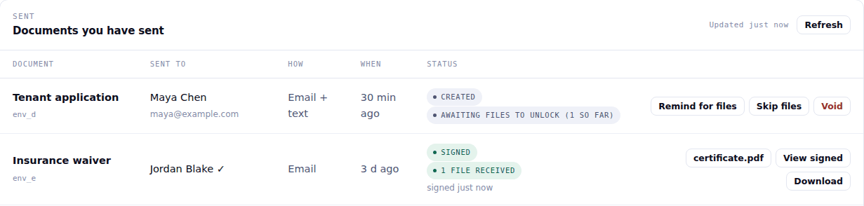 The studio's Sent list with file status: awaiting files to unlock, 1 so far, 1 file received with a download button, and Remind for files and Skip files